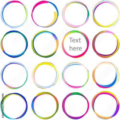 Colored text blobs from overlapping circles; Arcs rounded multicolored banners, Swirled circular medals and labels; Vector icons set Eps10