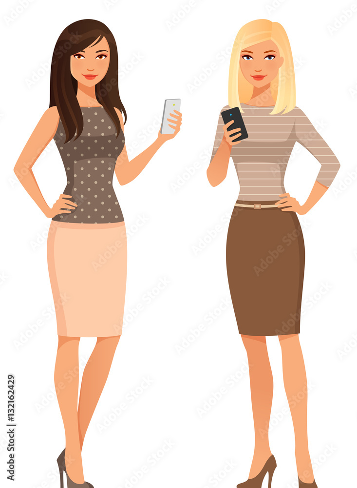 elegant young women in smart casual fashion, using cell phone elegant young women in smart casual fashion, using cell phone