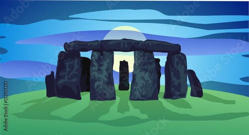 Rising full moon behind neolithic stones 
