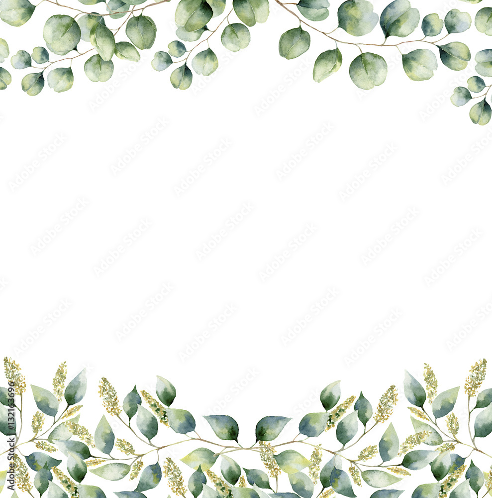 Watercolor floral frame card with silver dollar and seeded eucalyptus ...