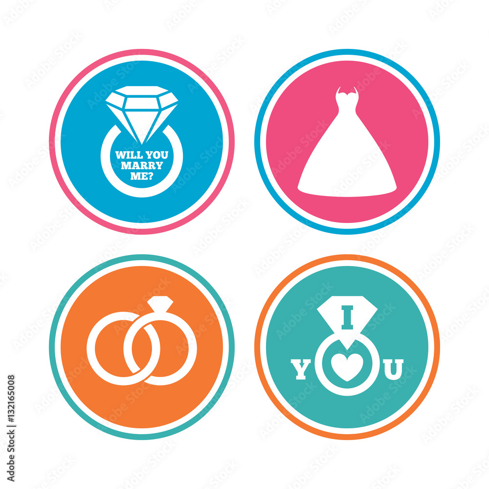 Wedding dress icon. Bride and groom rings symbol. Wedding dress icon. Bride and groom rings symbol.