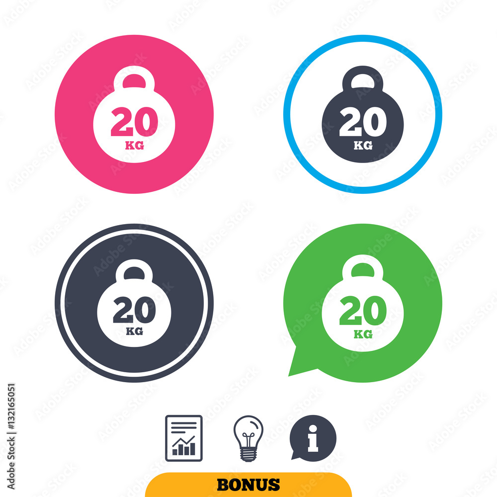 Weight sign icon. 20 kilogram (kg). Sport symbol. Weight sign icon. 20 kilogram (kg). Sport symbol.