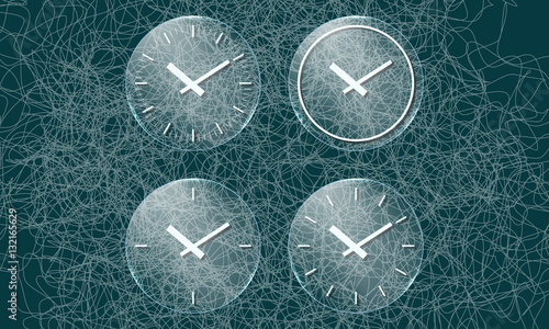 Four glass transparency objects with different watches
