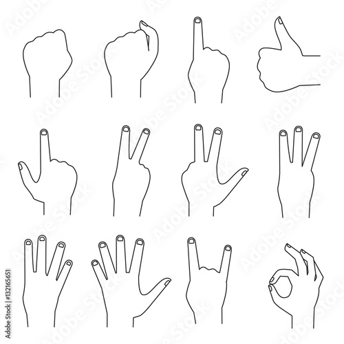Hands icons outlines, counting fingers, ok gesture