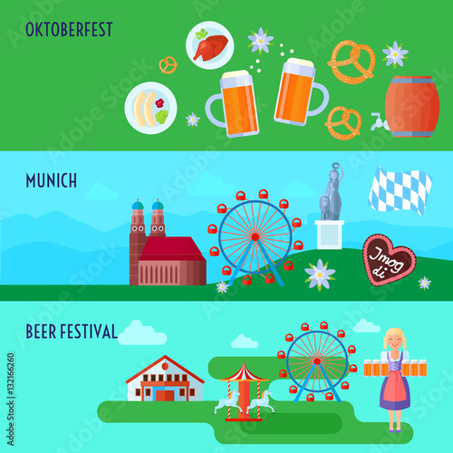 Set of flat horizontal German Oktoberfest beer festival icons banners presents Munich and Bavarian cuisine vector illustration