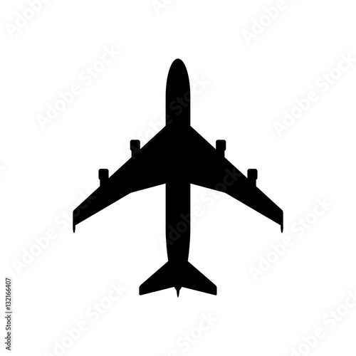 Airplane icon. Black icon isolated on white background. Airplane silhouette. Simple icon. Web site page and mobile app design vector element.