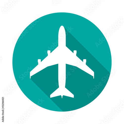 Airplane icon with long shadow. Flat design style. Round icon. Airplane silhouette. Simple circle icon. Modern flat icon in stylish colors. Web site page and mobile app design vector element.