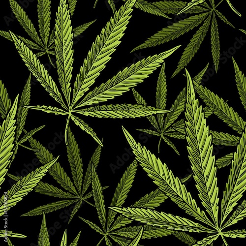 Seamless pattern with marijuana leaf. Vintage black vector engraving illustration