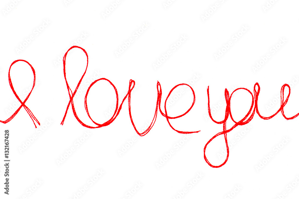 Love you words and heart symbol made of red thread on a white fo Love you words and heart symbol made of red thread on a white fo