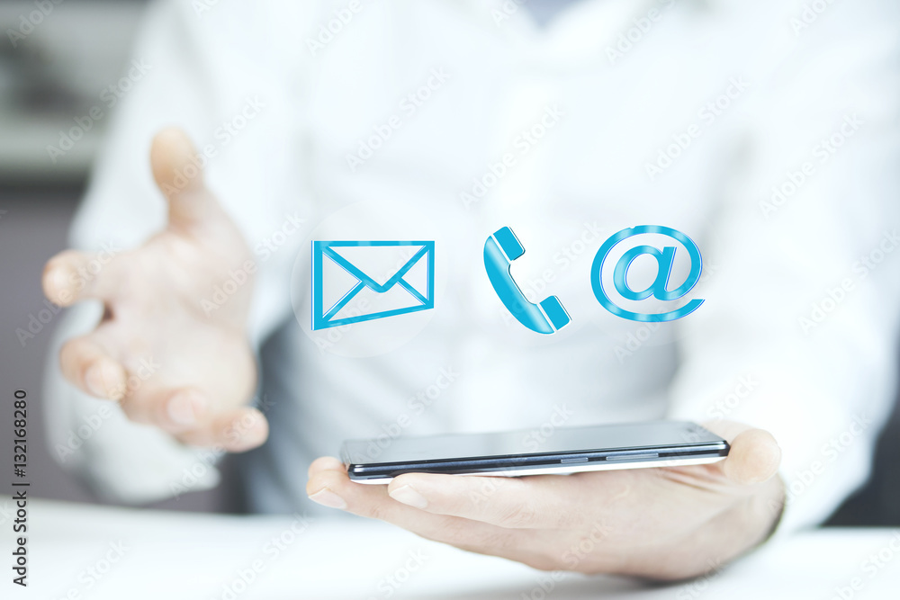 Man using a mobile phone while emitting a clouds of contact icon Man using a mobile phone while emitting a clouds of contact icon