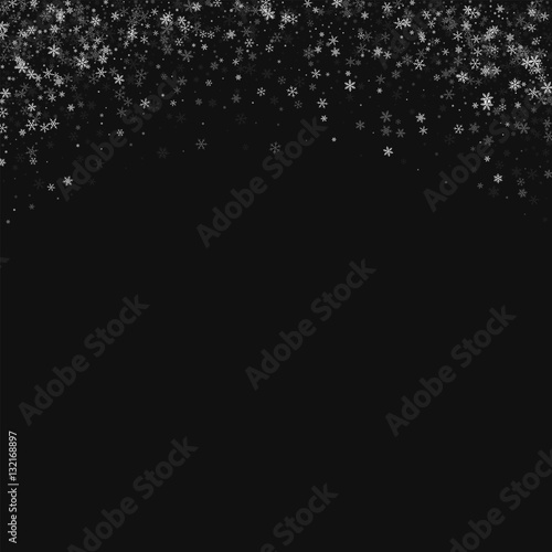 Beautiful snowfall. Abstract top border on black background. Vector illustration.