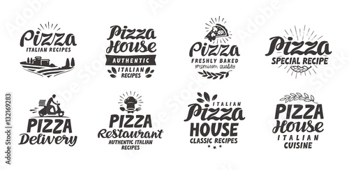 Pizza, food set icons. Collection lettering, labels for menu design restaurant or cafe