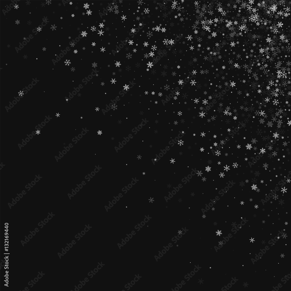 Beautiful snowfall. Scattered top right corner on black background. Vector illustration.