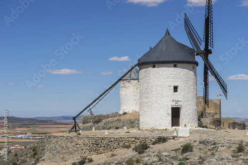 Windmill, White wind mills for grinding wheat. Town of Consuegra