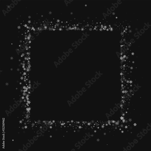 Beautiful snowfall. Square abstract border on black background. Vector illustration.