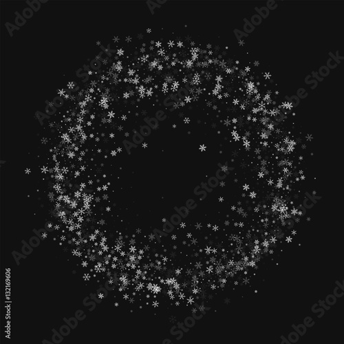 Beautiful snowfall. Circle frame on black background. Vector illustration.