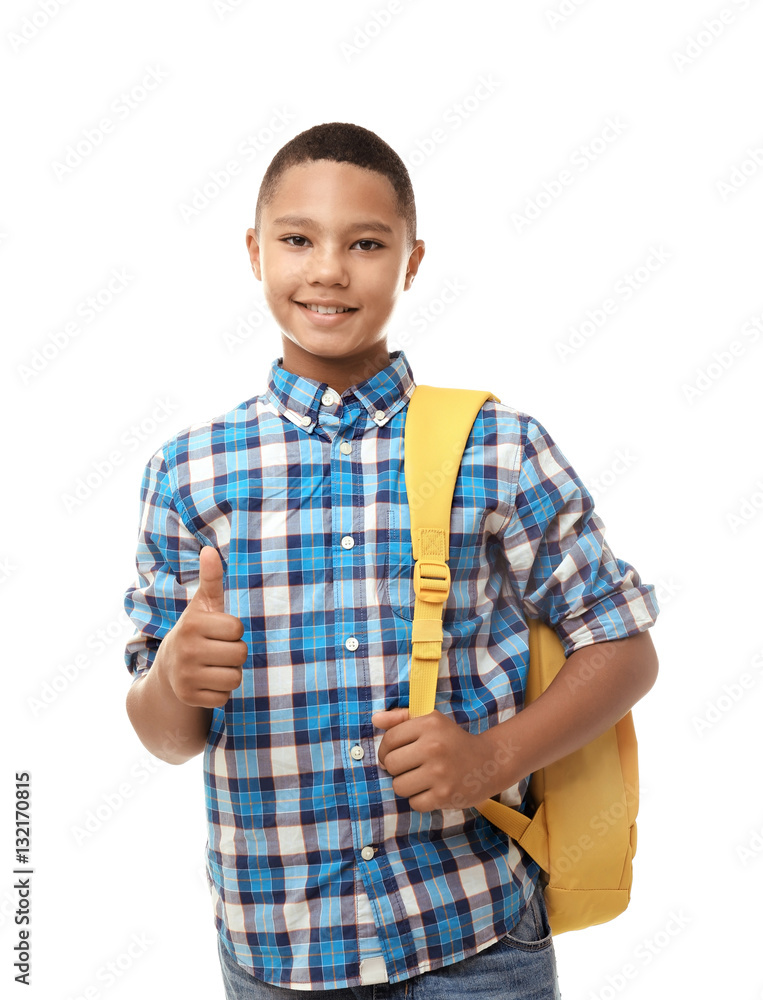 Cheerful teenager boy with backpack on white background Cheerful teenager boy with backpack on white background