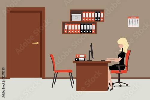 Web banner of an office worker in the room near the door. The young woman is an employee at work. There is brown furniture, red chairs, shelves with folders in the picture. Vector flat illustration