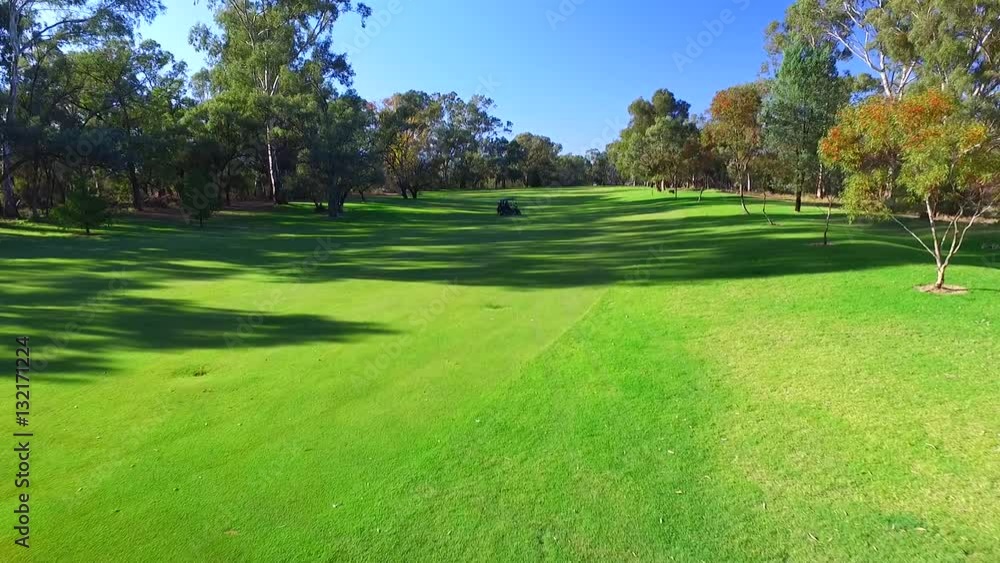 Drone aerial view of Golfers in Electric Golf Buggy with Caddy driving through Golf Course.
Drone aerial view of Golfers in Electric Golf Buggy with Caddy driving through Golf Course.
