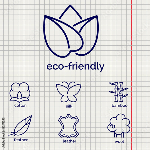 Eco-friendly fabric feature vector icons. Line icons of cotton wool silkleather and feather