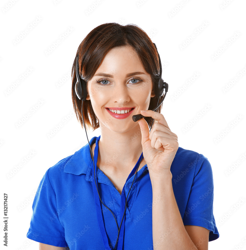 Young female technical support dispatcher on white background Young female technical support dispatcher on white background