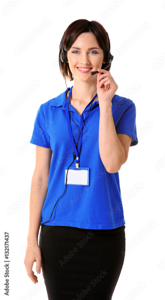 Young female technical support dispatcher on white background Young female technical support dispatcher on white background