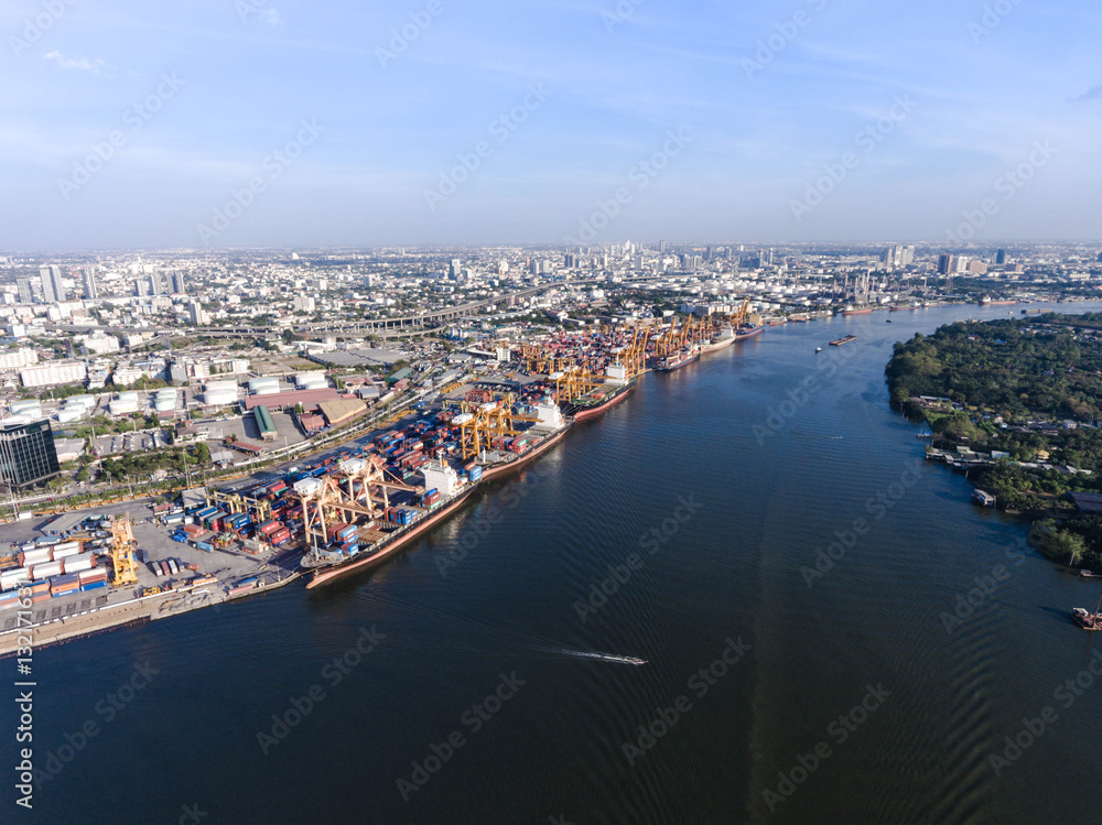 Aerial shot of large bangkok shipping port taken in afternoon