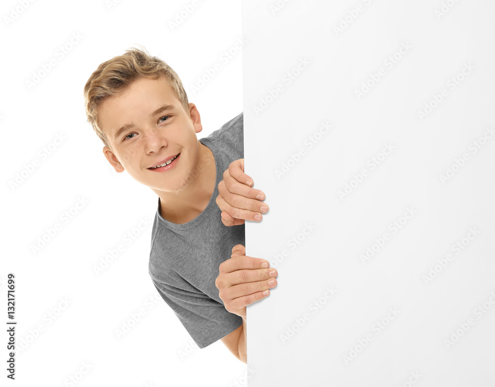 Emotional teenager with poster on white background Emotional teenager with poster on white background