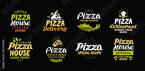 Vector pizza set icons, labels, symbols, signs, design elements