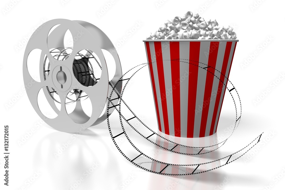 Reel, film tape, popcorn great for topics like movie theater/ cinema