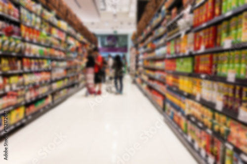 Supermarket blur background with miscellaneous product shelf photo