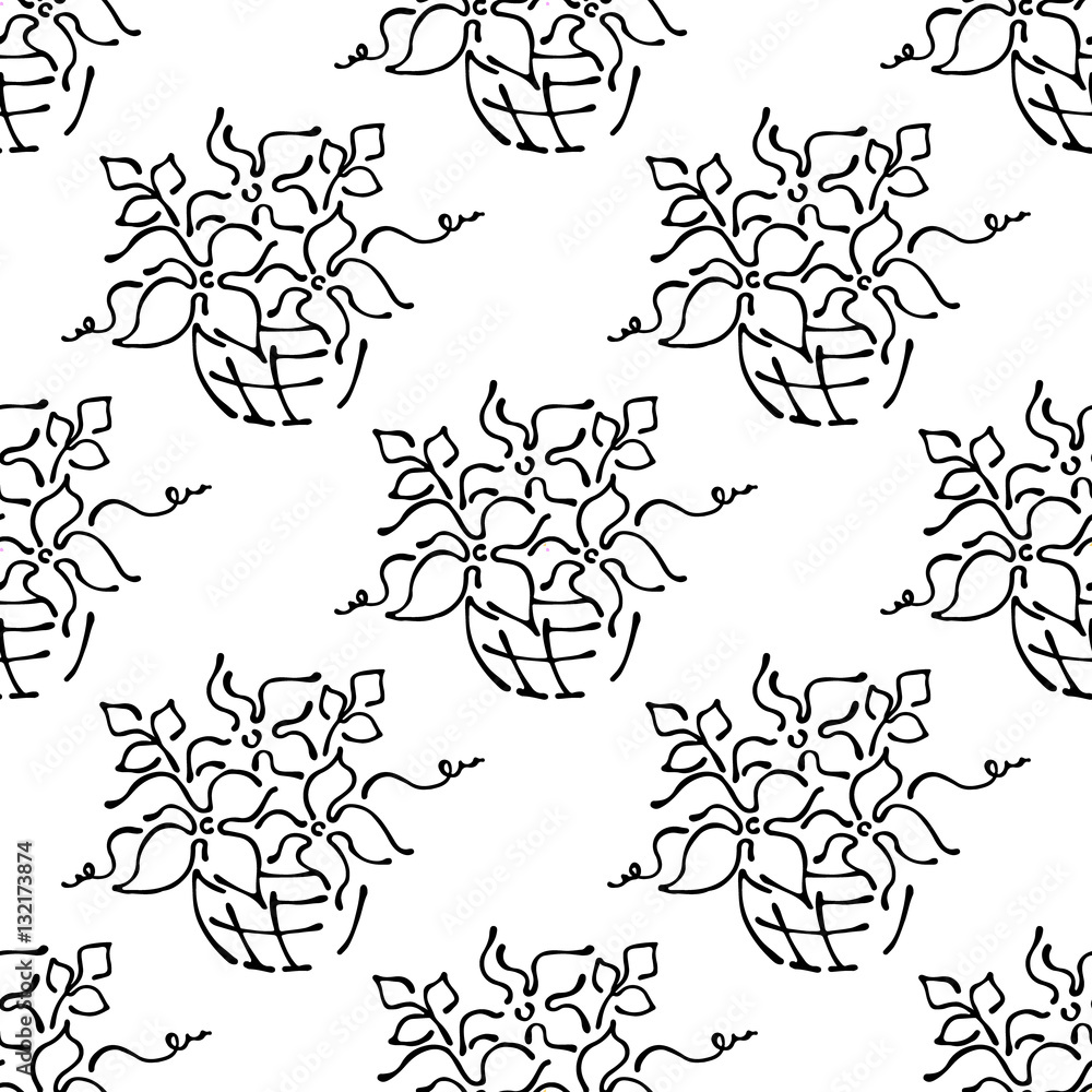 Vector floral illustration. Black and white seamless pattern with basket with flowers, leaves, decorative elements isolated on the white background. Hand drawn contour lines and strokes. 