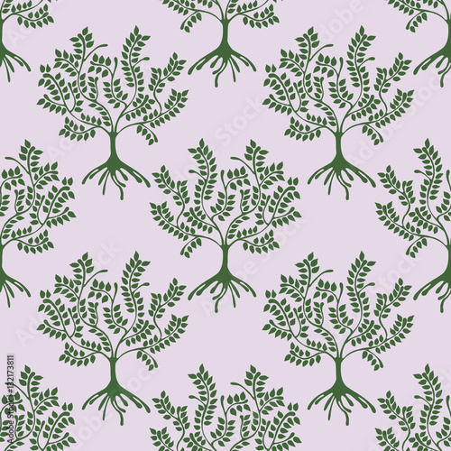 Seamless pattern, vector hand drawn repeating illustration, decorative ornamental stylized endless trees. Colorful abstract background, seamles graphic illustration Artistic line drawing silhouette