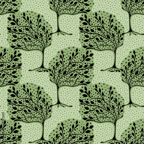 Seamless pattern, vector hand drawn repeating illustration, decorative ornamental stylized endless trees. Colorful abstract background, seamles graphic illustration Artistic line drawing silhouette