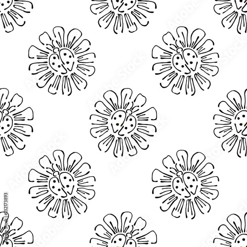 Fototapeta Naklejka Na Ścianę i Meble -  Vector floral illustration Seamless pattern ladybug on the flower, dandelion with insect on the white background Hand drawn contour lines and strokes Doodle style, graphic vector illustration