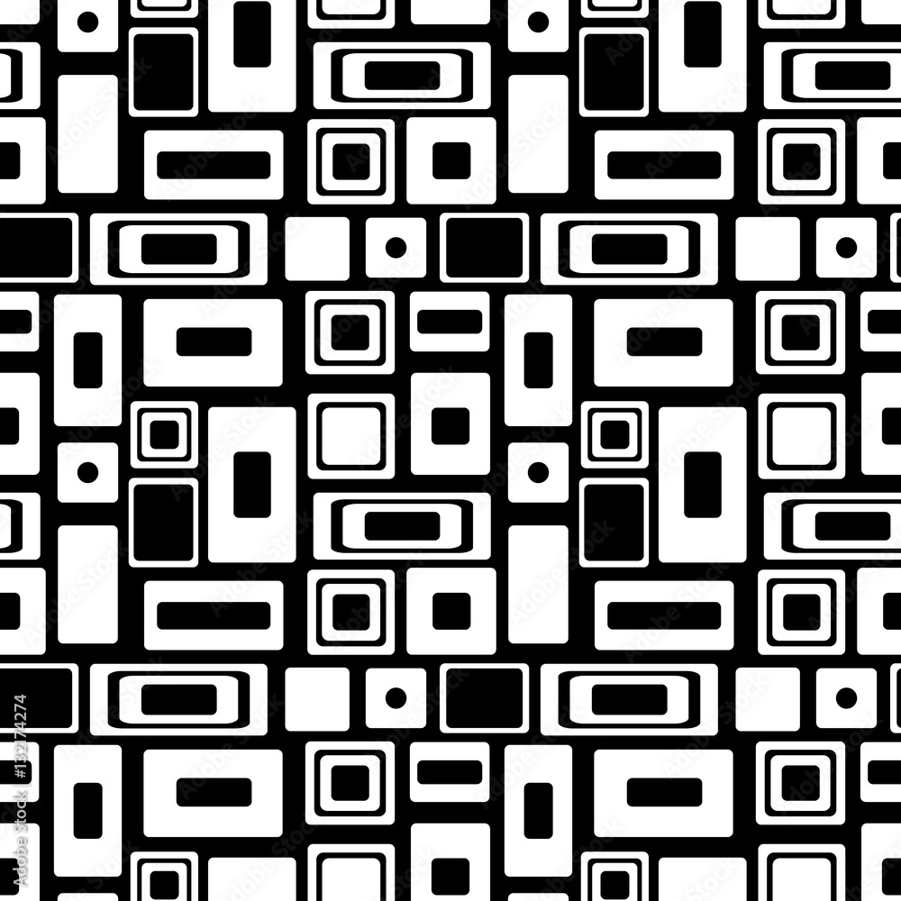 Seamless vector geometrical pattern. Endless black and white background with squares and rectangles. Graphic illustration. Template for cover, fabric, wrapping.
