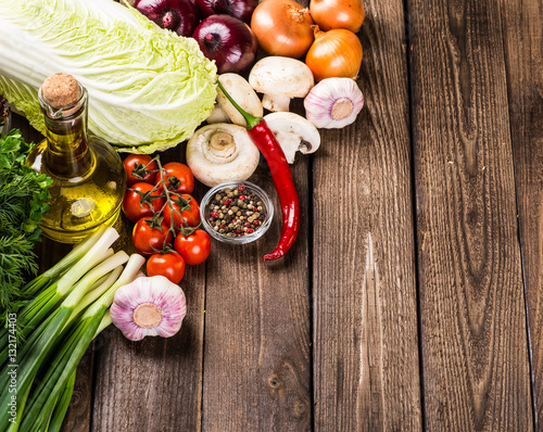 Vegetables on wood. Bio Healthy food, herbs and spices.