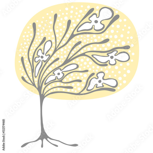 Vector hand drawn illustration  decorative ornamental stylized tree. Yellow graphic illustration isolated on the white background. Hand drawing silhouette. Decorative artistic abstract branch