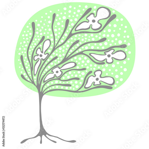 Vector hand drawn illustration  decorative ornamental stylized tree. Green graphic illustration isolated on the white background. Hand drawing silhouette. Decorative artistic abstract branch