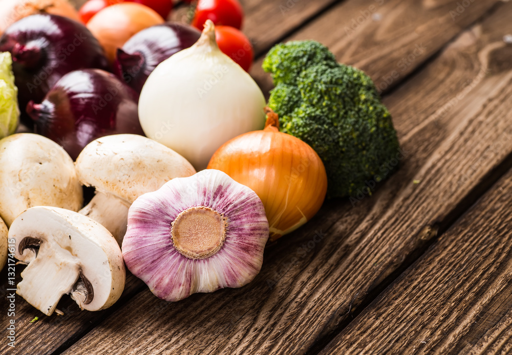 Vegetables on wood. Bio Healthy food, herbs and spices.