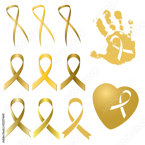 Set of golden ribbon in several different versions and tints of gold isolated on white. International Childhood Cancer Day in Feb 15. Vector illustration