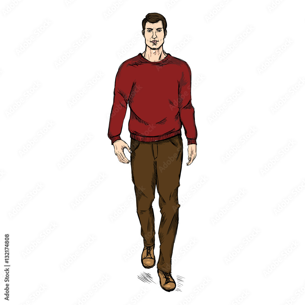 Vector Sketch Fashion Male Model in Trousers and Sweatshirt Vector Sketch Fashion Male Model in Trousers and Sweatshirt