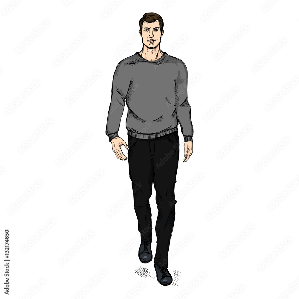 Vector Sketch Fashion Male Model in Trousers and Sweatshirt Vector Sketch Fashion Male Model in Trousers and Sweatshirt