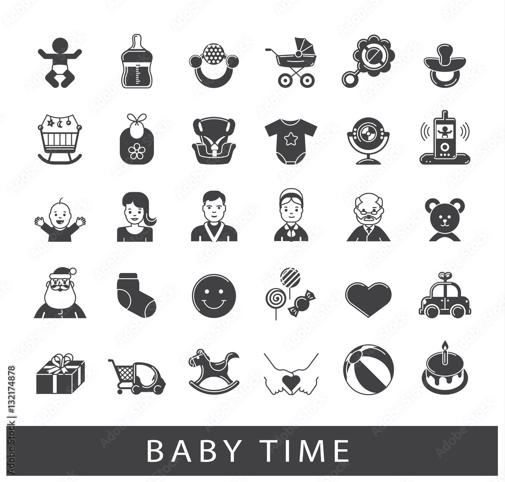 Set of icons for baby care, feeding and play. Collection of baby time icons. First year of parenting. Accessories for newborn in the family. Love, care, family life. 
