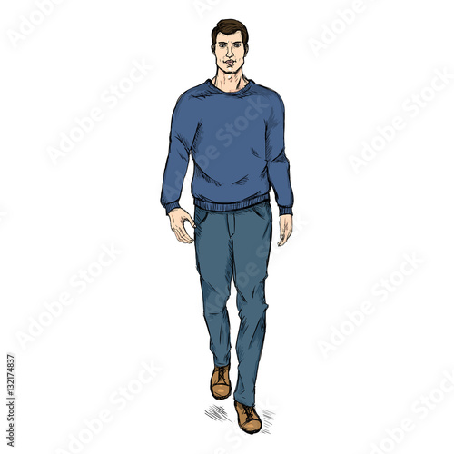 Vector Sketch Fashion Male Model in Trousers and Sweatshirt © nikiteev