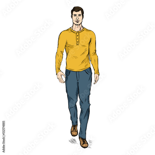 Vector Sketch Fashion Male Model in Trousers and Longsleeve Shirt © nikiteev