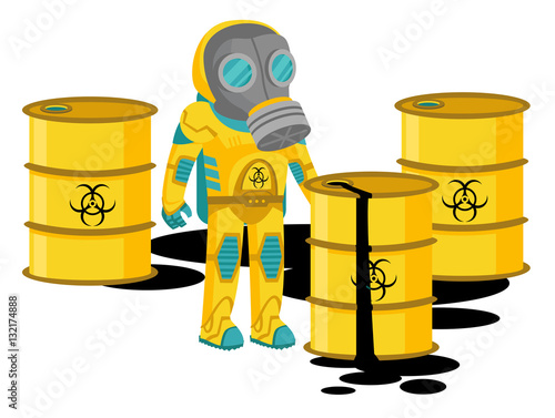 man in biozahard yellow suit near a barrel cans leak