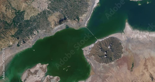 Aerial time lapse of Lake Urmia, Iran, drying up. Two time lapse versions in clip: 8-second/4-second. 4-second head/tail pad on each version.