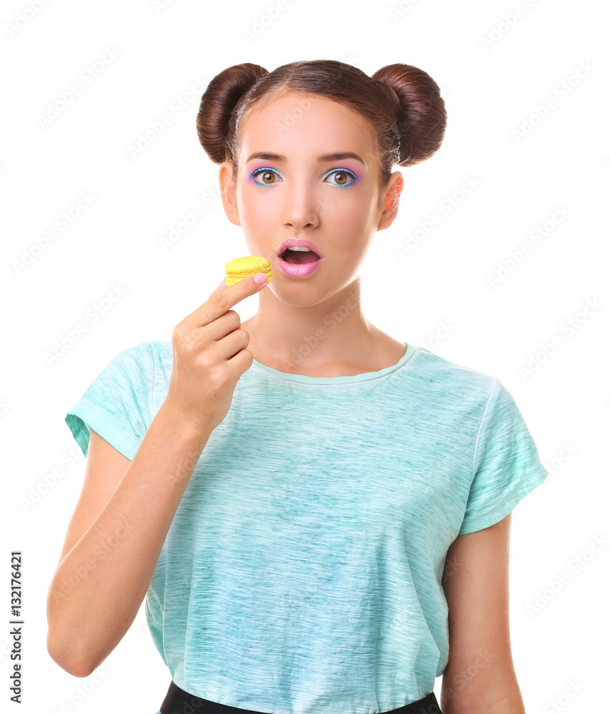 Cute girl with macaroon on white background Cute girl with macaroon on white background