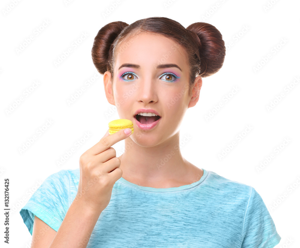 Cute girl with macaroon on white background Cute girl with macaroon on white background